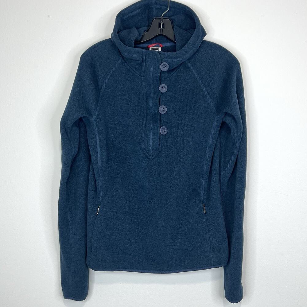 The North Face Hoodie Womens Medium Blue Fleece Pullover Button Neck Zip Pockets